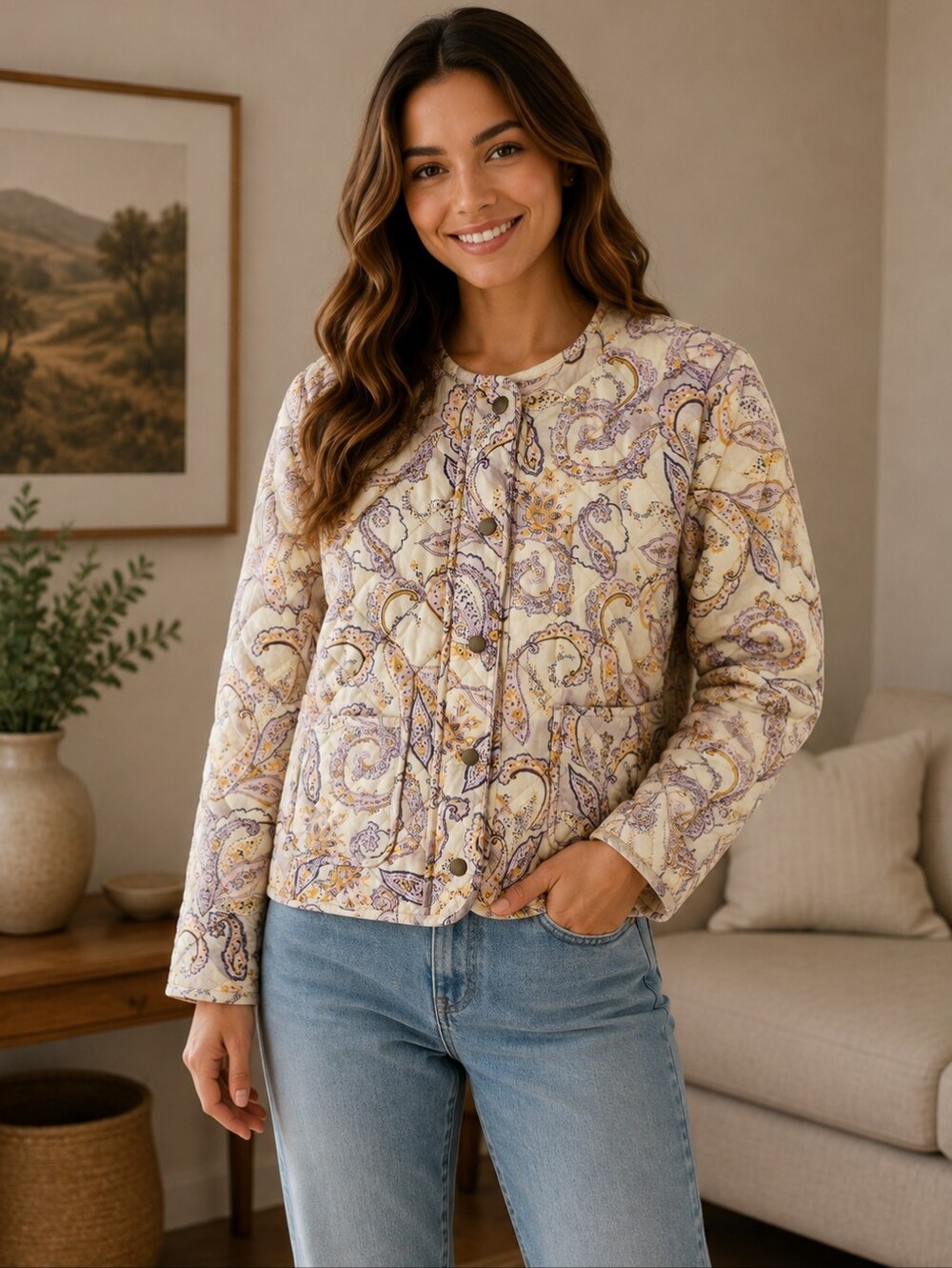 Rachel Zoe Neutral Paisley Quilted Utility Jacket Size M